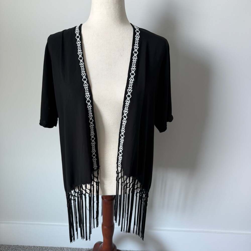 Love Tree Happens Boho Open Front Embroidered Kimono with Fringe Trim